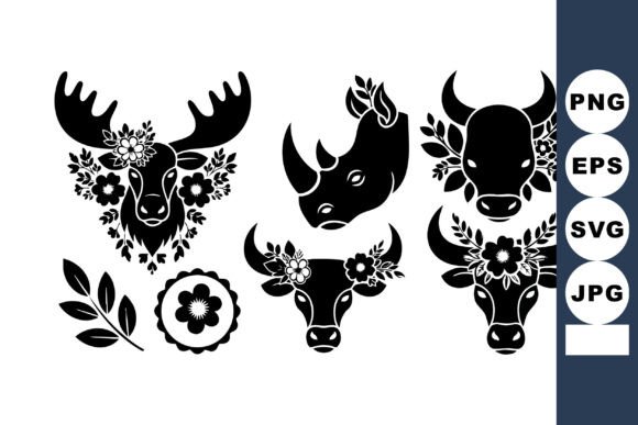 Black Silhouette Animal Heads with Flora Graphics for Illustrations