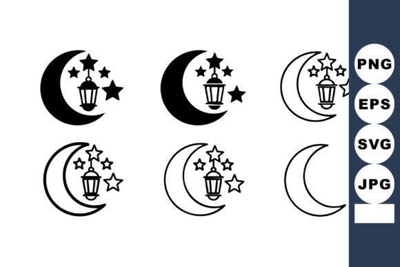 Crescent Moon and Lantern Vector Icons W