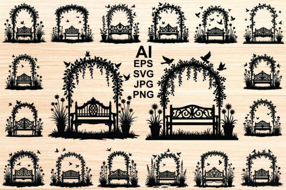 Garden Bench Vector Silhouette Set: Elegant Graphics for Nature-Inspired Editorial Design