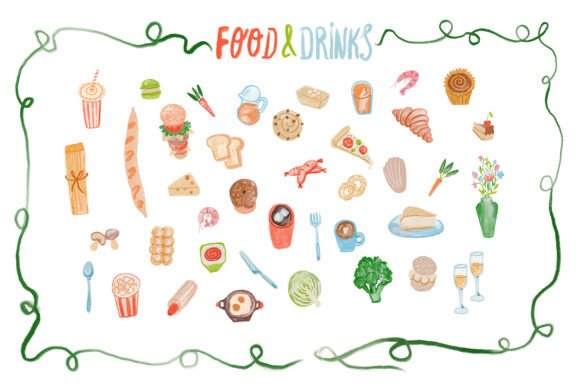 Hand-Drawn Collection of Various Food: Graphic Illustrations for Branding and Content Marketing