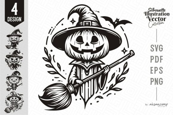 Pumpkin Head Witch Silhouette: Spooky Illustration for Seasonal Blog Graphics