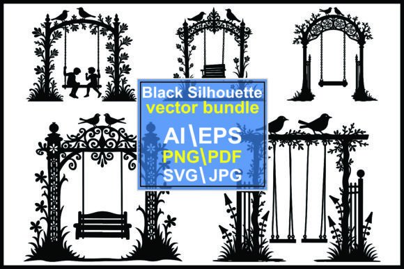 Silhouette Garden Swings Birds & Children Graphics Illustrations