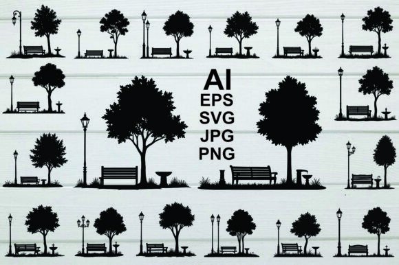 Silhouettes a Park Bench and Lamppost – A Versatile Graphic for Nature-Inspired Design Projects